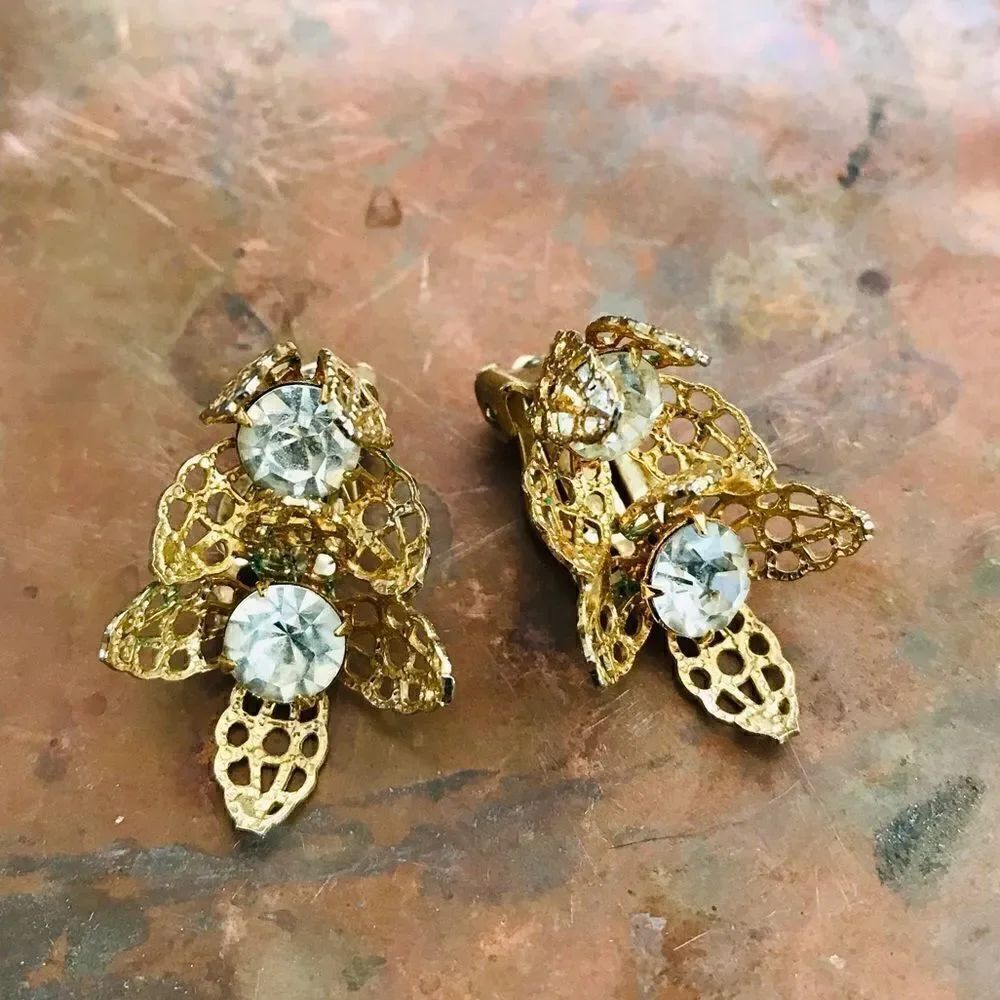 Gold and Rhinestone style clip on vintage earrings